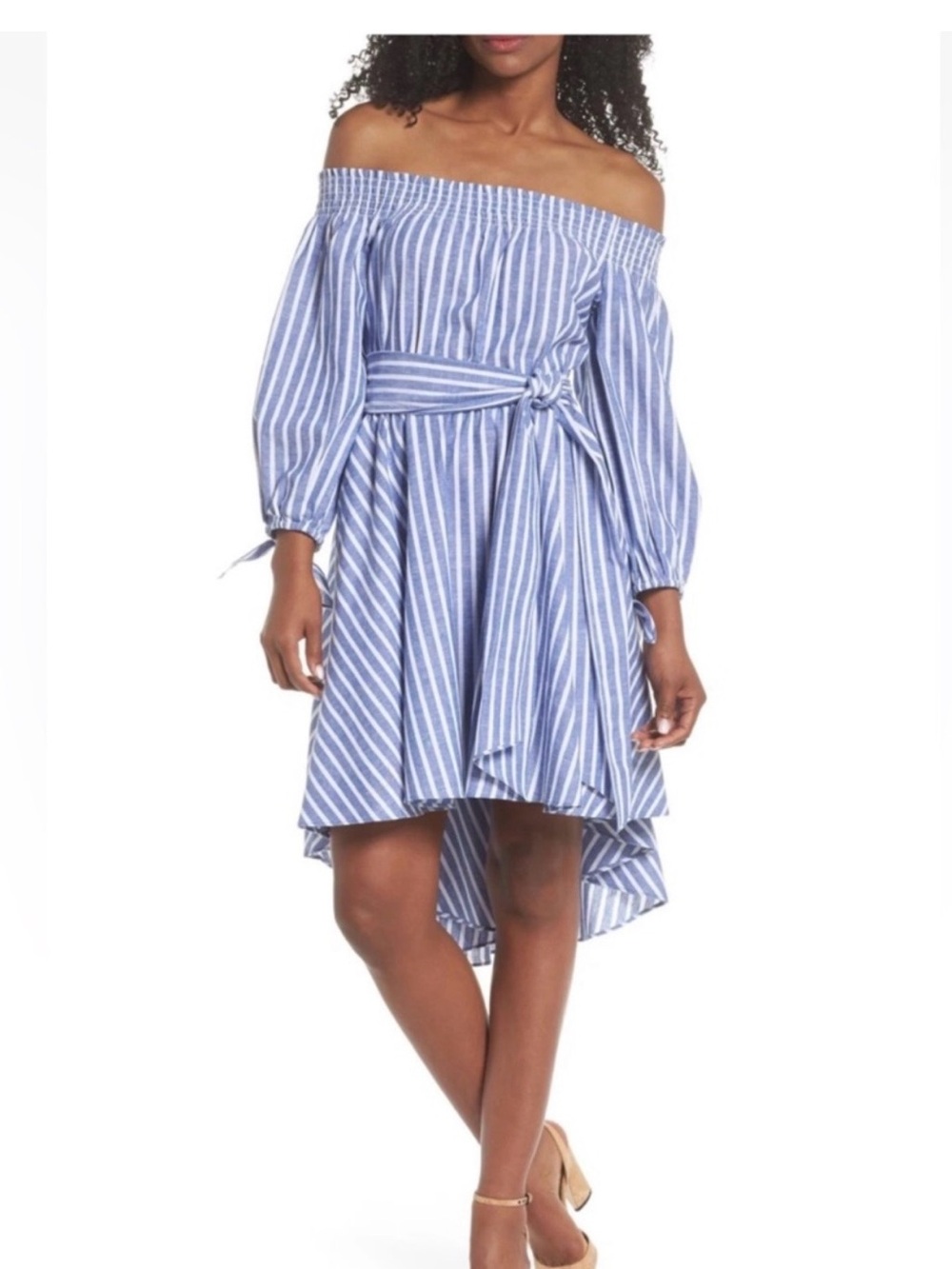 Eliza J Blue and White Striped Off-Shoulder High-Low Dress- 4P